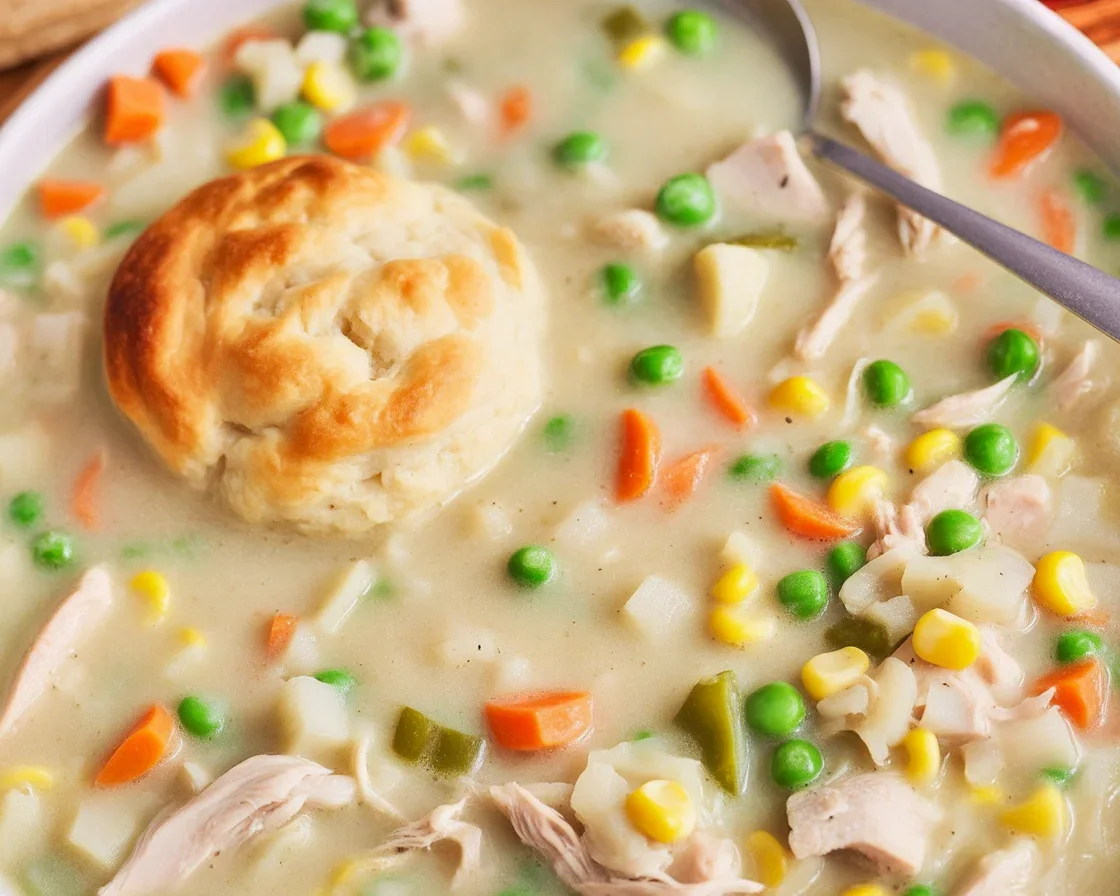A bowl of creamy Chicken Pot Pie Soup with chicken, vegetables, and herbs.