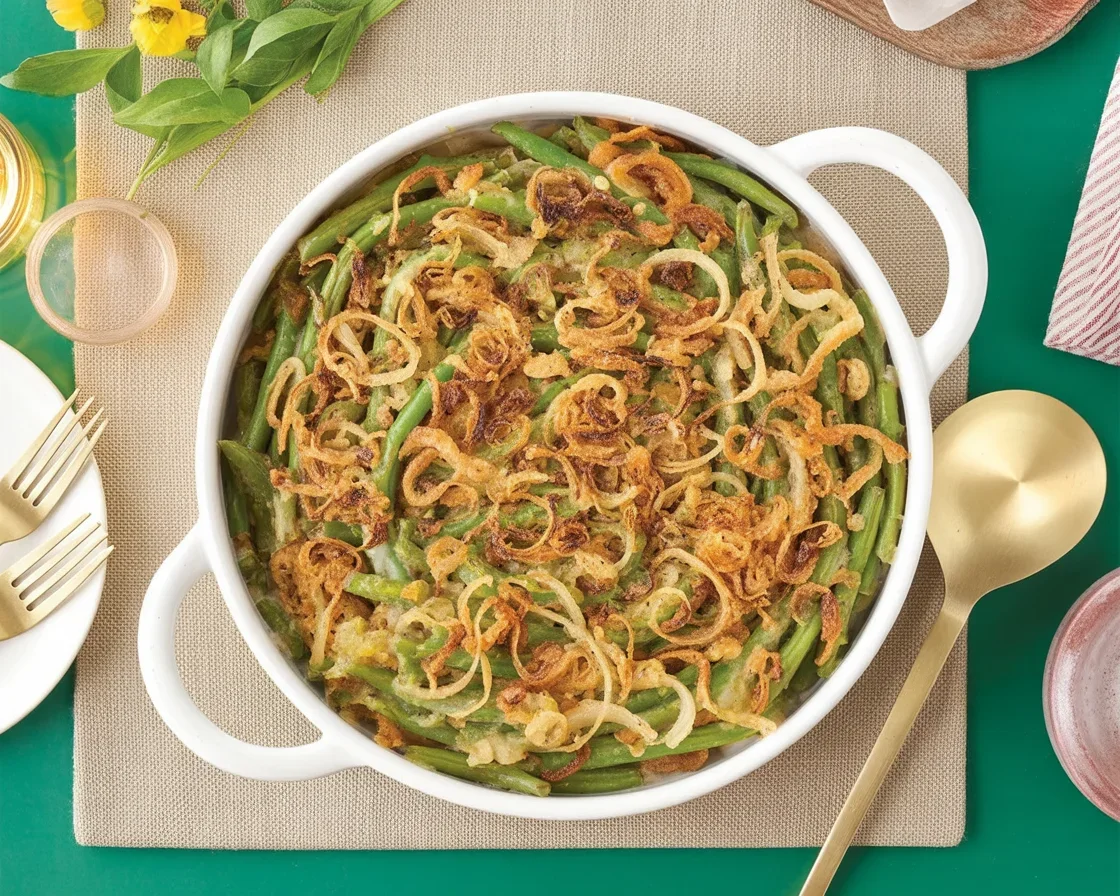 Delicious classic green bean casserole topped with fried onions in a baking dish.