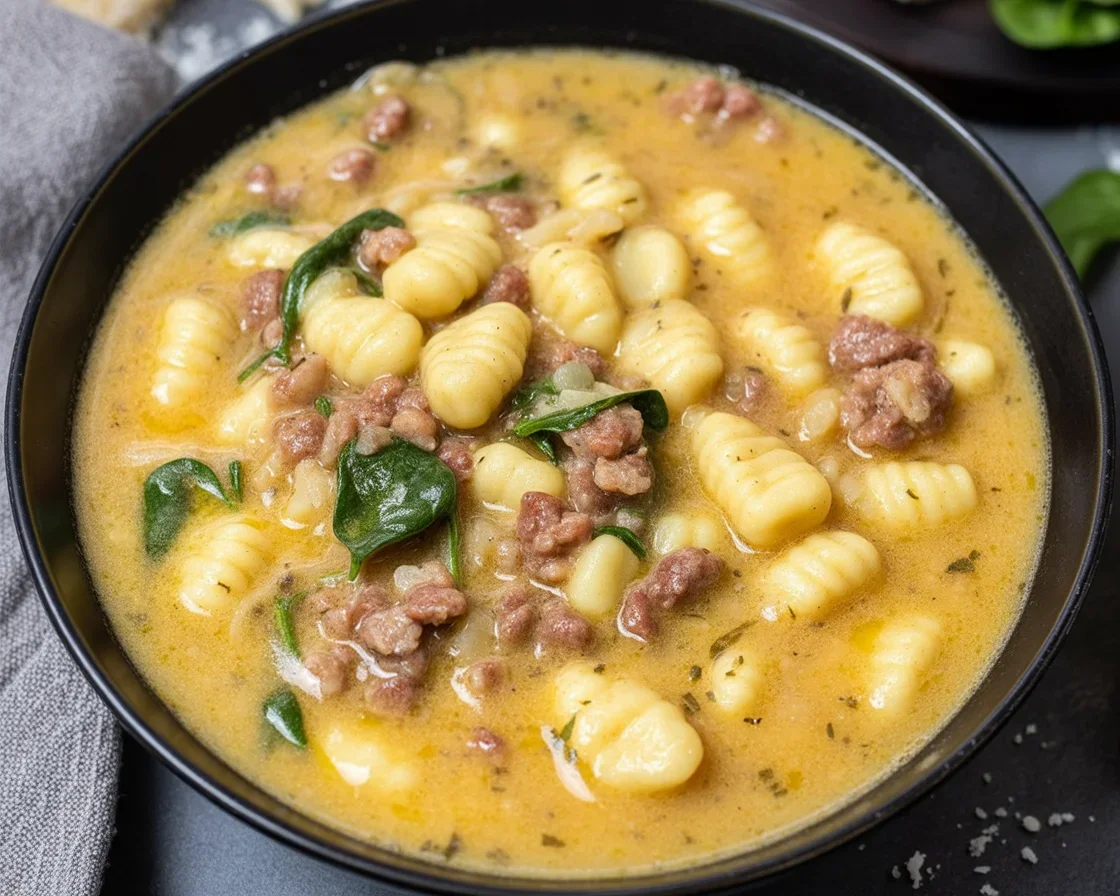 Creamy Italian sausage gnocchi soup with rich broth, spinach, and Italian flavors.