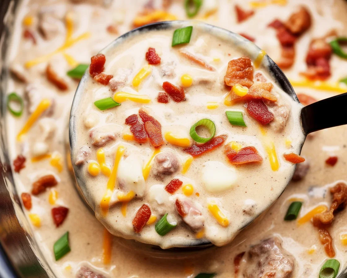 Bowl of hearty Crockpot Cheeseburger Soup with ground beef, potatoes, and cheese.