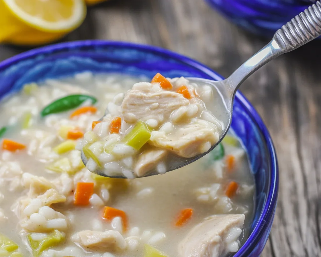 Bowl of Avgolemono Soup with chicken, rice, lemon, and herbs.