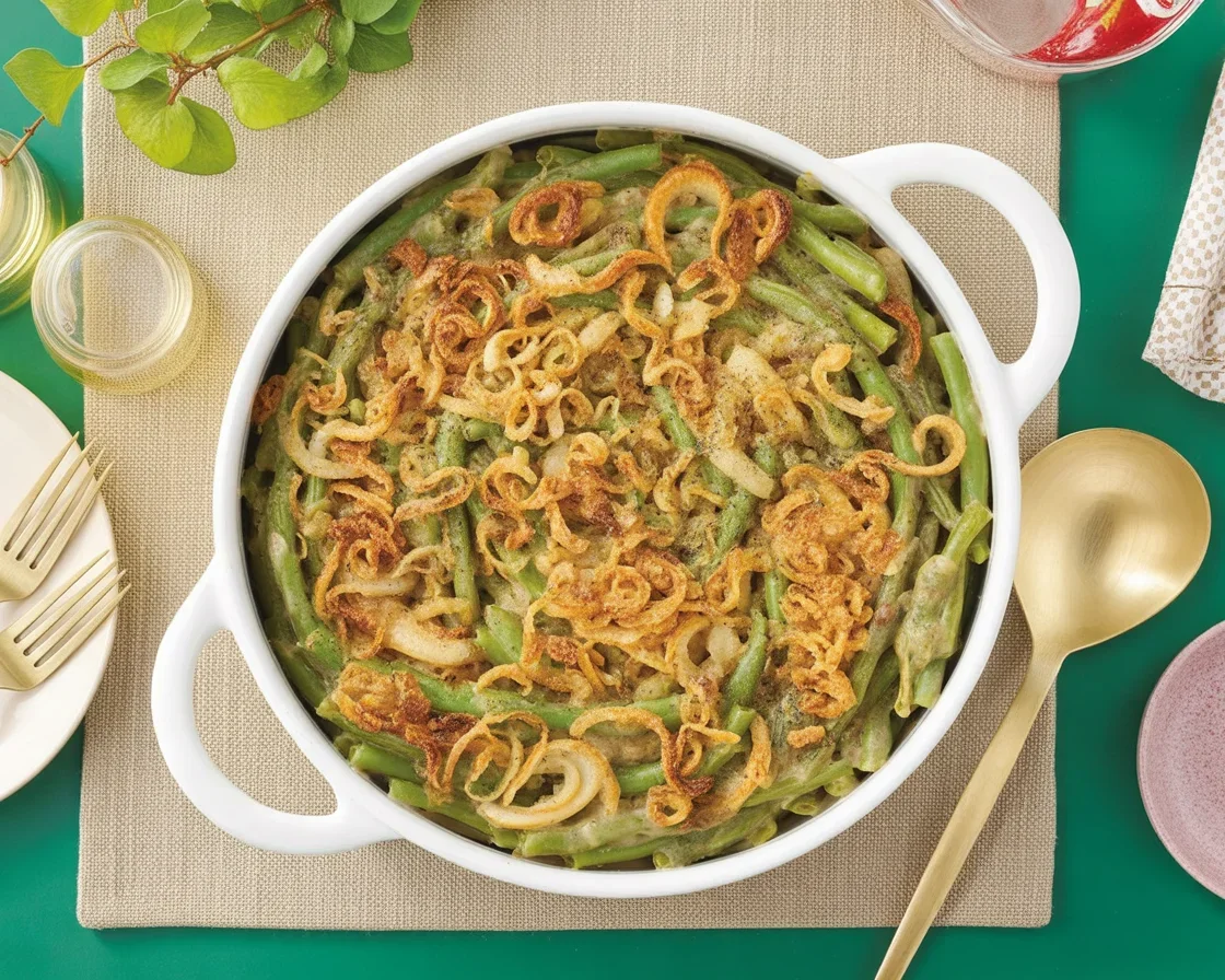 Delicious green bean casserole topped with crispy French-fried onions and creamy mushroom sauce.