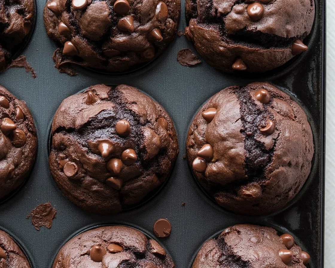 Moist and rich double chocolate muffins loaded with chocolate chips.