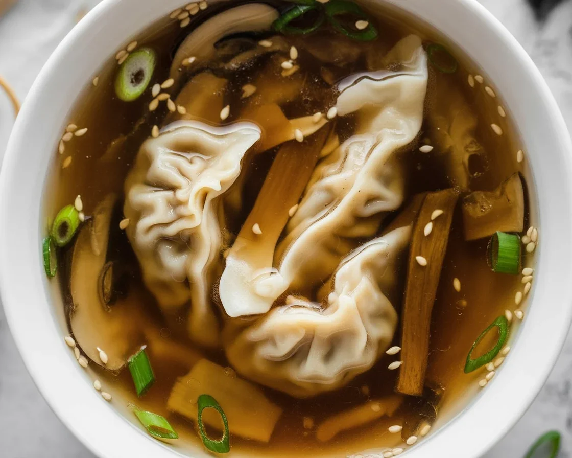 Bowl of Easy Potsticker Soup with frozen potstickers and fresh vegetables.