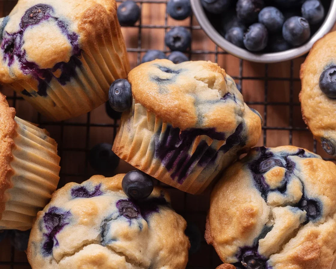 Freshly baked bakery style blueberry muffins with a golden top and bursting blueberries.
