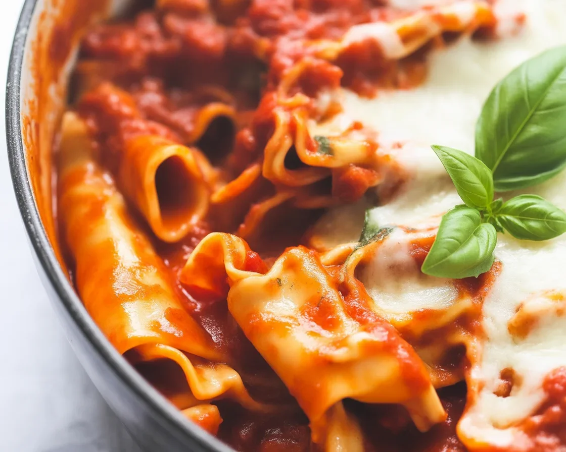 Easiest one pot lasagna cooked in a single pan with marinara sauce and cheese.