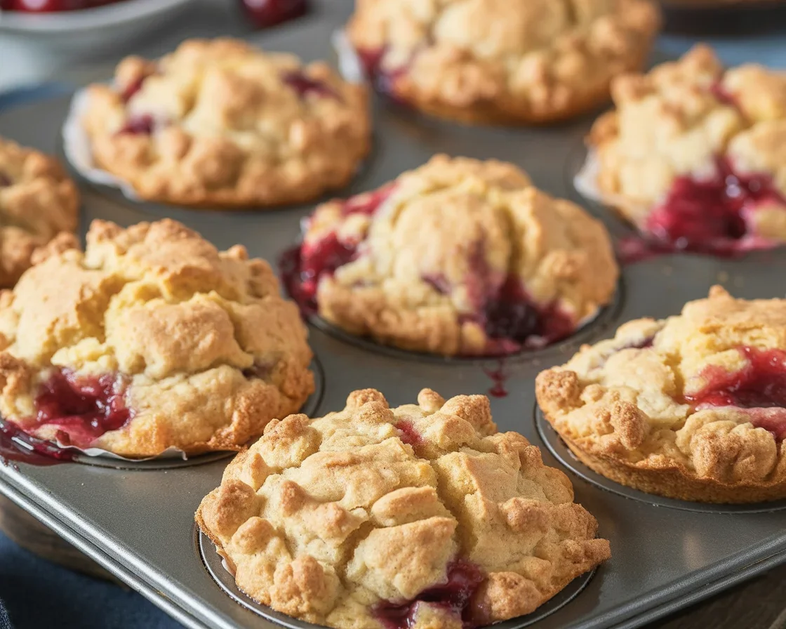Delicious Cherry Cobbler Muffins topped with buttery crumble and loaded with fresh cherries.