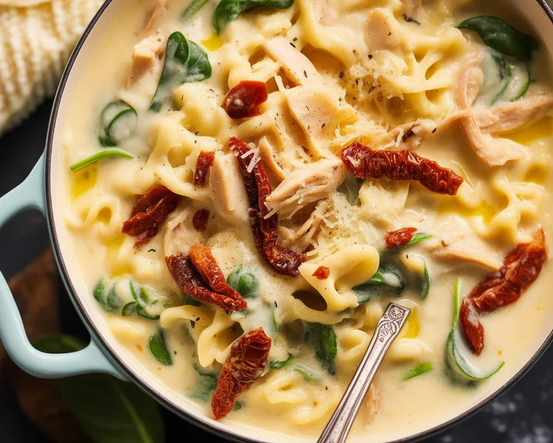 Delicious bowl of Tuscan Parmesan Cream Soup garnished with fresh spinach and Parmesan cheese.
