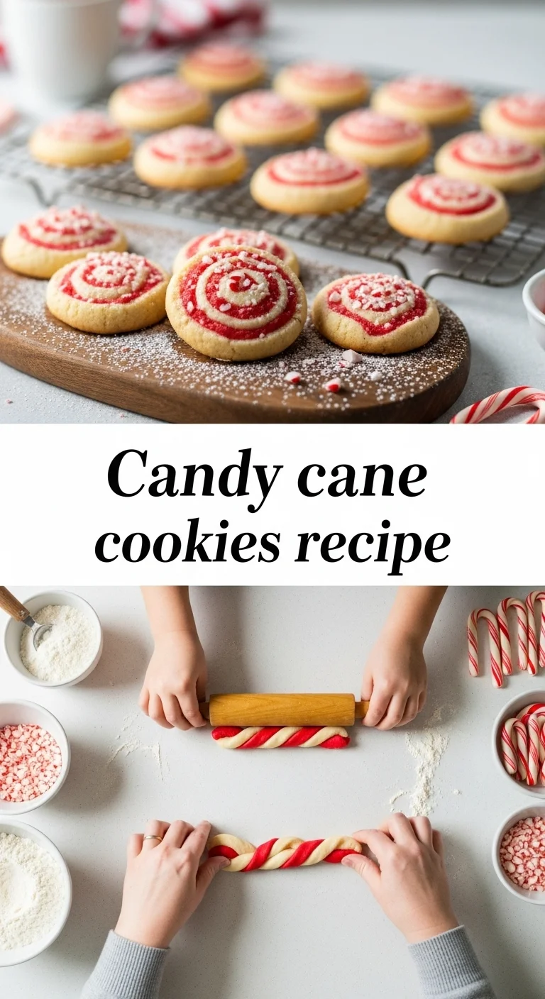 A vertical split layout pin displaying two mouth-watering images of freshly baked Christmas Candy Cane Cookies, with the main keyword 'Candy cane cookies recipe' prominently centered. The cookies feature vibrant red and white swirls, some glistening with crushed candy cane pieces, ready for festive enjoyment.