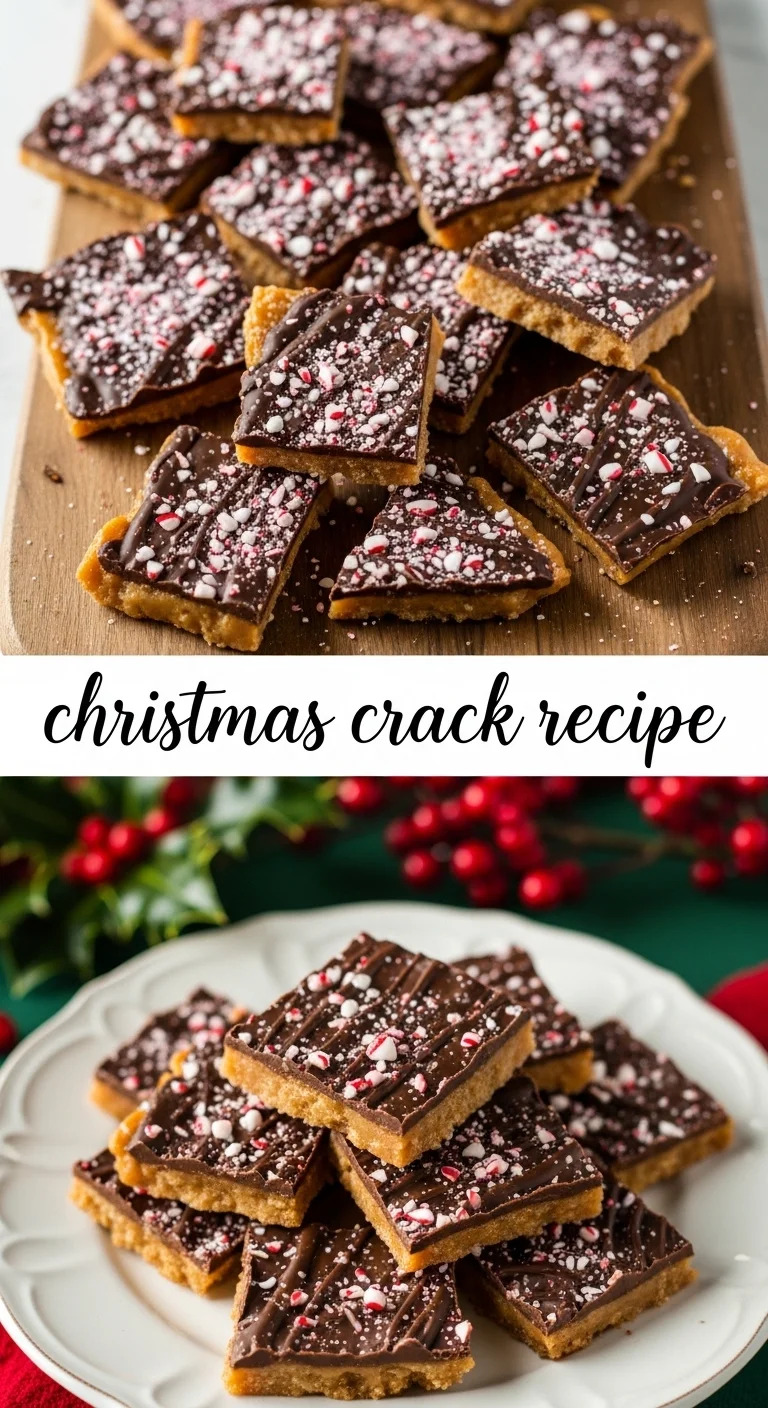 A vibrant vertical split image showcasing two appetizing Christmas crack recipe variations. The top picture features a golden-brown toffee-coated cracker base with a luscious layer of melted chocolate, while the bottom displays a festive rendition adorned with colorful Christmas sprinkles. The main keyword 'christmas crack recipe' is boldly centered between the two images.