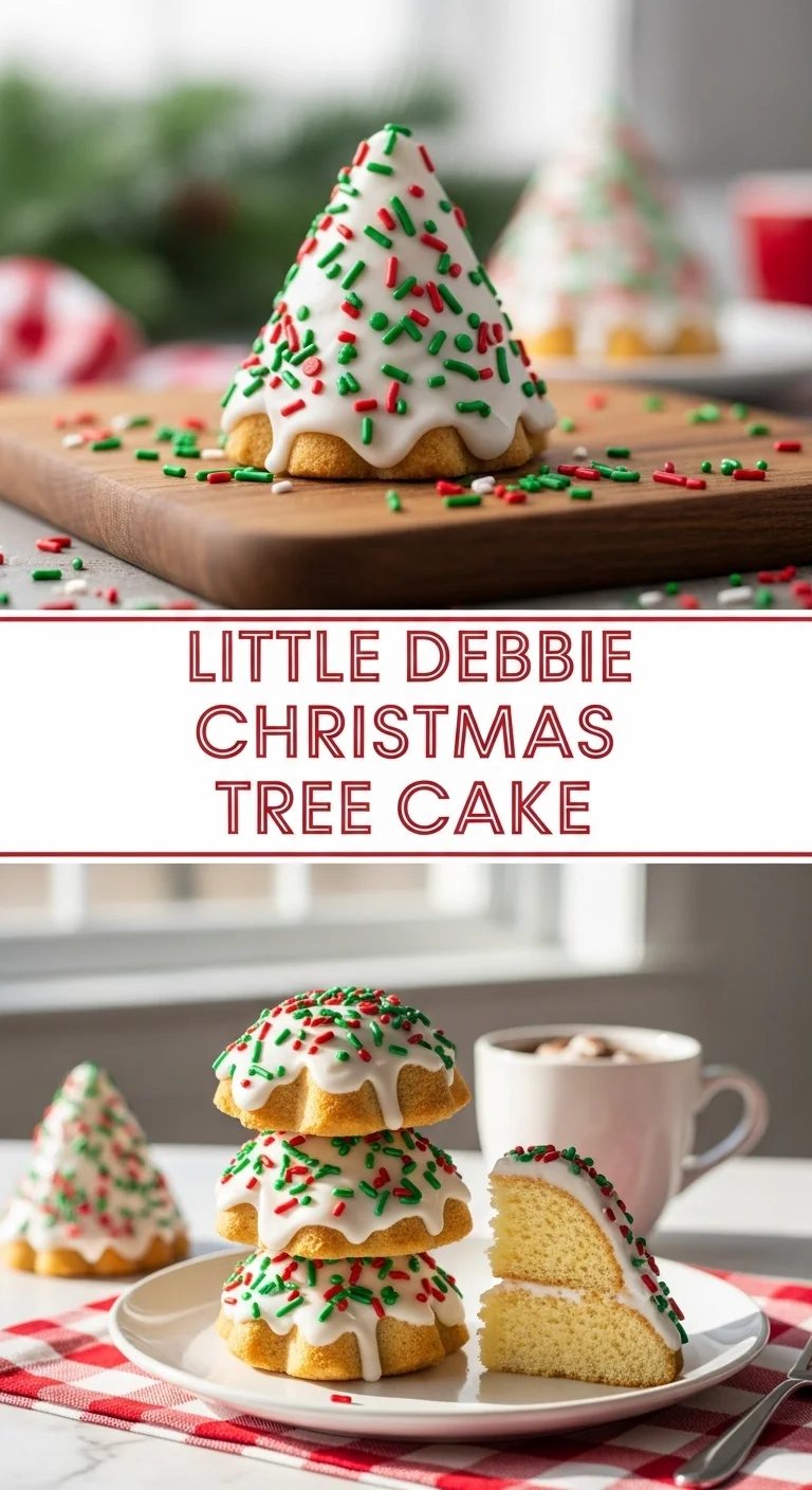 A vertical split layout image. Two delightful pictures of frosted Little Debbie Christmas Tree Cakes with red and green sprinkles are displayed, one above the other. The central text highlights 'little debbie christmas tree cake,' evoking classic Christmas cheer.