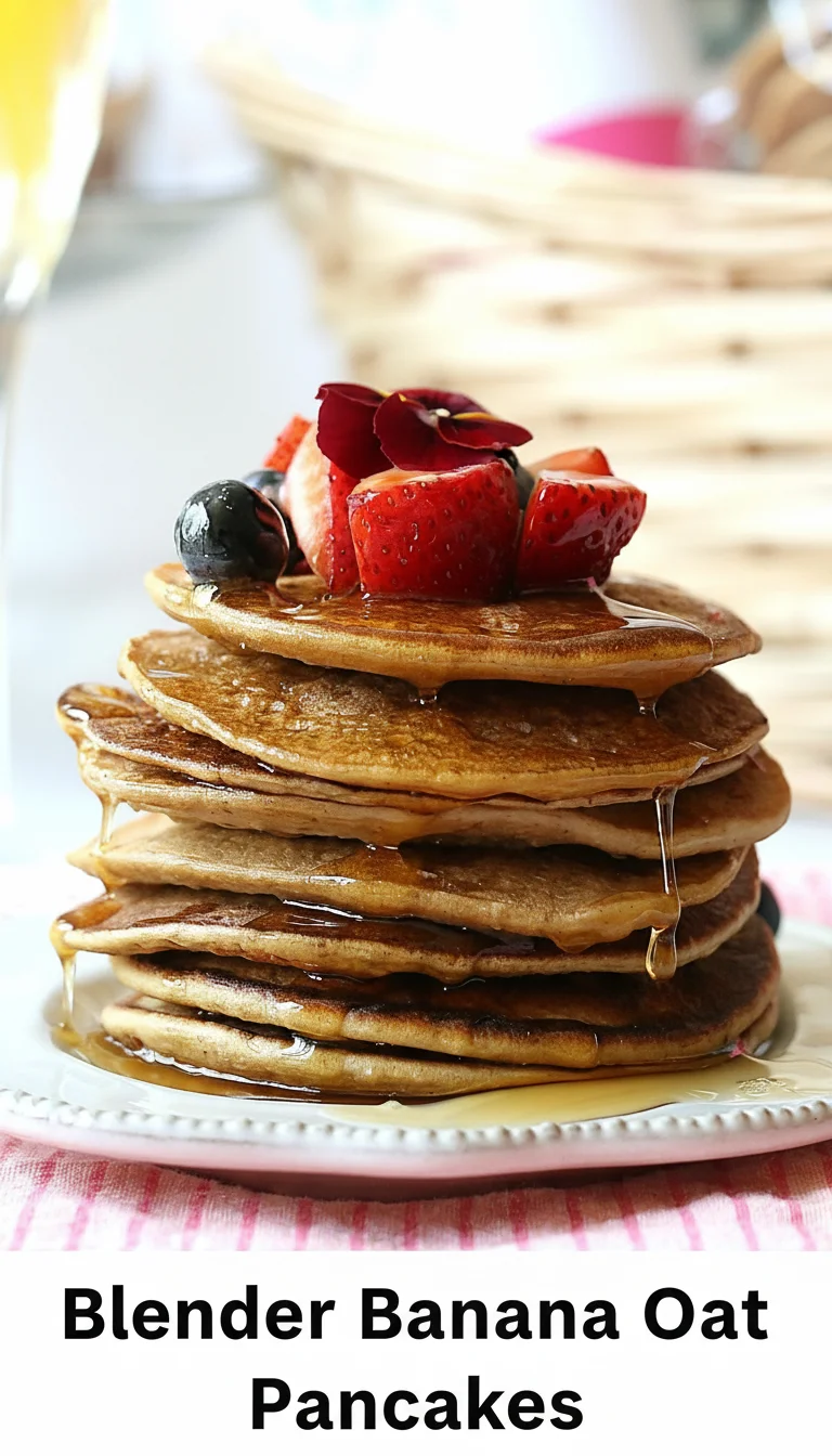 A vertical split layout showing two appetizing views of golden Blender Banana Oat Pancakes with berries and syrup. The keyword is centered for a beautiful Mother's Day vibe.