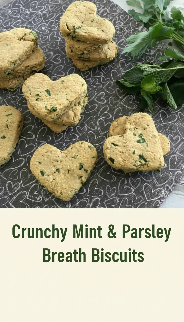 A vertical split layout containing two pictures with the main keyword 'Crunchy Mint & Parsley Breath Biscuits' in the center. The top shows vibrant mint and parsley leaves next to textured dough, while the bottom displays crispy, golden-baked biscuits, perfect for refreshing breath this Tax Day.