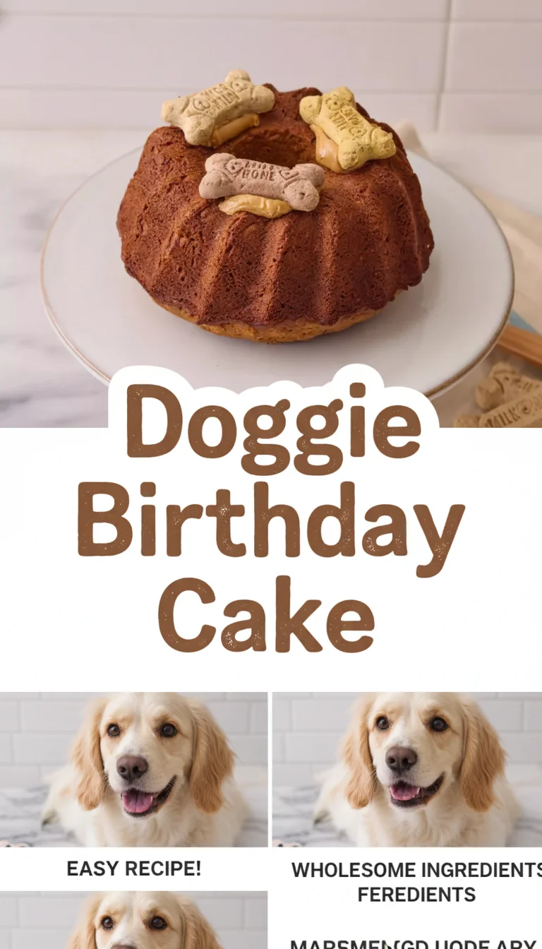 A vertical split layout containing two pictures with the main keyword 'Doggie Birthday Cake' in the center. The top shows a delicious cake with peanut butter frosting; the bottom shows a happy pup celebrating National Rescue Dog Day.