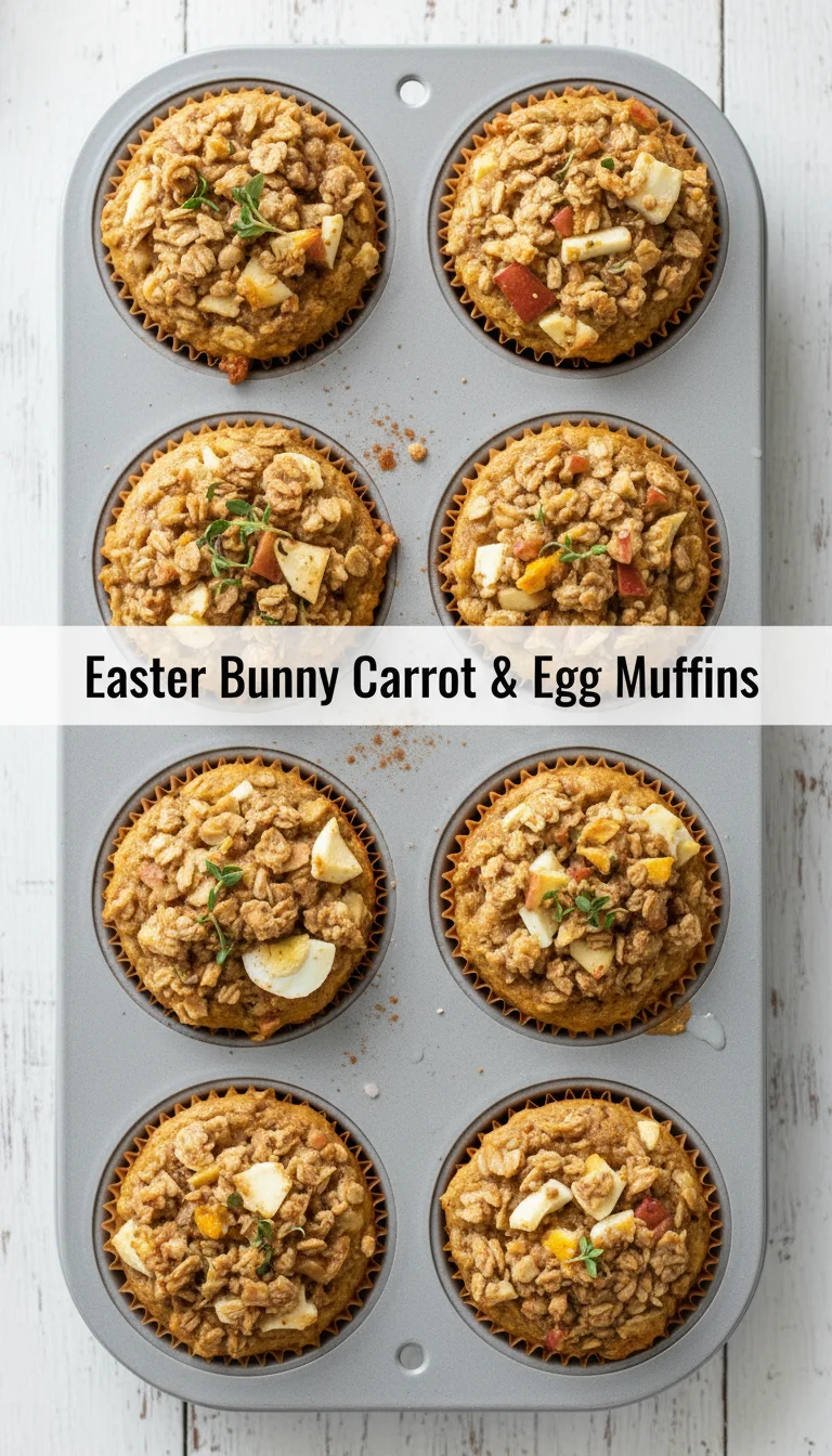 A vertical split layout containing two pictures with the main keyword 'Easter Bunny Carrot & Egg Muffins' in the center. The top photo shows golden, moist muffins with carrot toppers, while the bottom displays a savory egg center perfect for an Easter Sunday brunch.