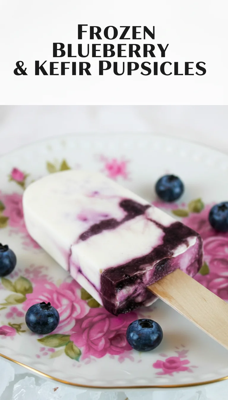 A vertical split layout containing two pictures with the main keyword 'Frozen Blueberry & Kefir Pupsicles' in the center. Features creamy white kefir and plump blueberries for National Pet Day.