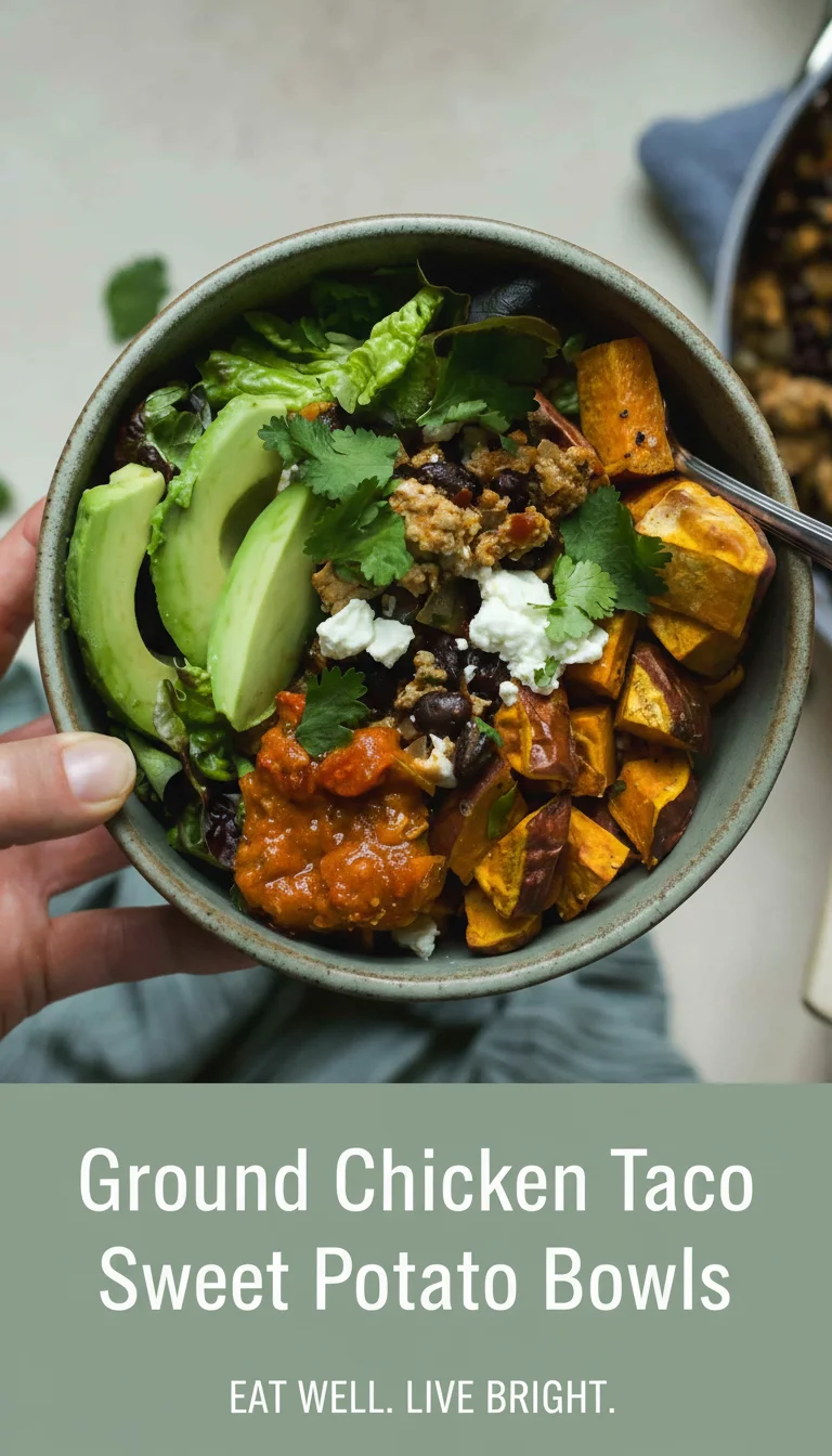 A vertical split layout showing two vibrant photos of Ground Chicken Taco Sweet Potato Bowls topped with fresh cilantro and lime for a festive Cinco de Mayo celebration, with the recipe title in the center.