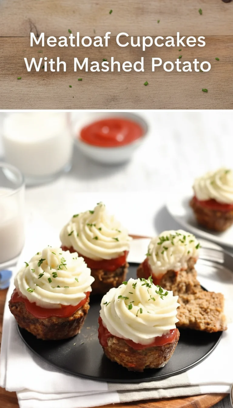 Vertical split layout containing two pictures with the main keyword 'Meatloaf Cupcakes With Mashed Potato' in the center. The top photo shows golden-brown meatloaf bases topped with fluffy, piped mashed potato frosting, while the bottom photo features a close-up of the savory April Fools' Day treat.
