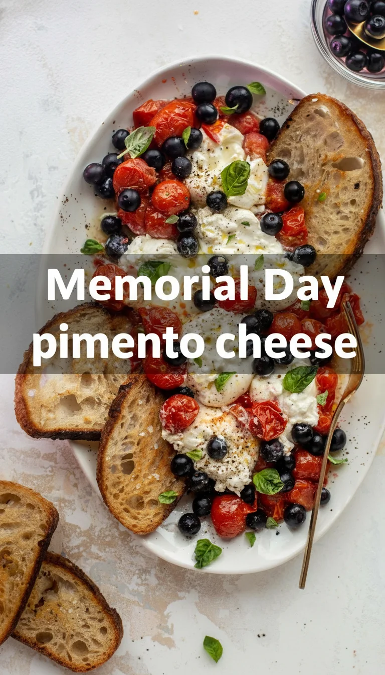A vertical split layout containing two pictures with the main keyword 'Memorial Day pimento cheese' in the center. The top shows creamy, golden cheese spread; the bottom shows crackers dipped into the bowl.