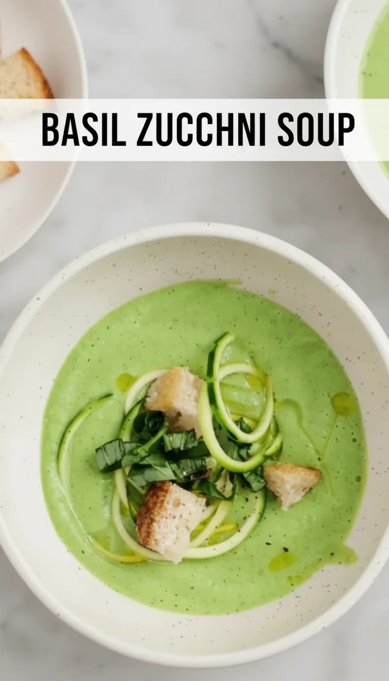 A vertical split layout pin with the text 'Basil Zucchini Soup' in the center. The top image shows fresh garden zucchini and basil, while the bottom reveals a creamy, vibrant green bowl of soup.