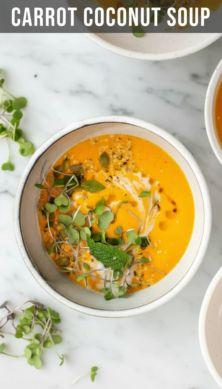A vertical split layout featuring two delicious images of vibrant orange Carrot Coconut Soup in ceramic bowls, with the main keyword 'Carrot Coconut Soup' centered in the design.