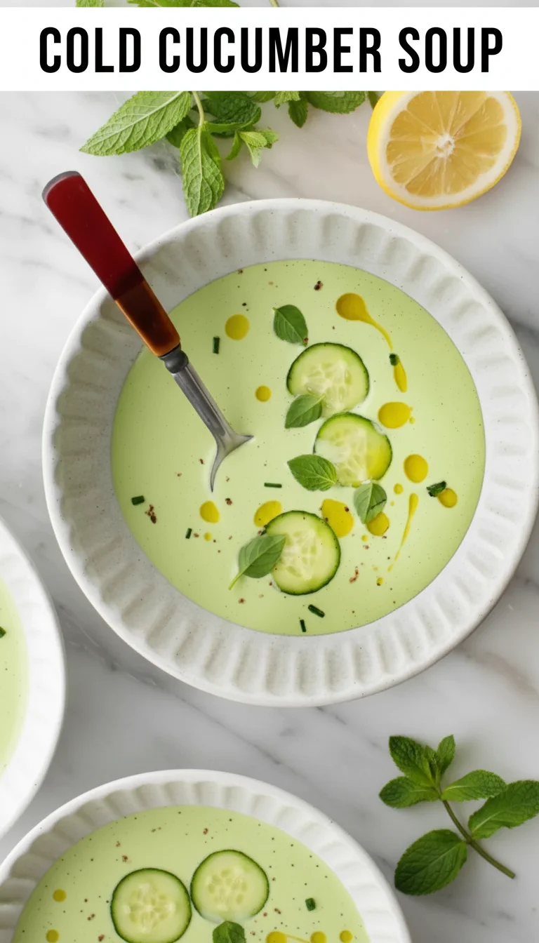 Vertical split layout containing two pictures with the main keyword 'Cold Cucumber Soup' in the center. The top image shows a chilled, creamy green soup garnished with fresh herbs and olive oil, while the bottom image features crisp cucumbers on a kitchen counter. A refreshing summer meal.