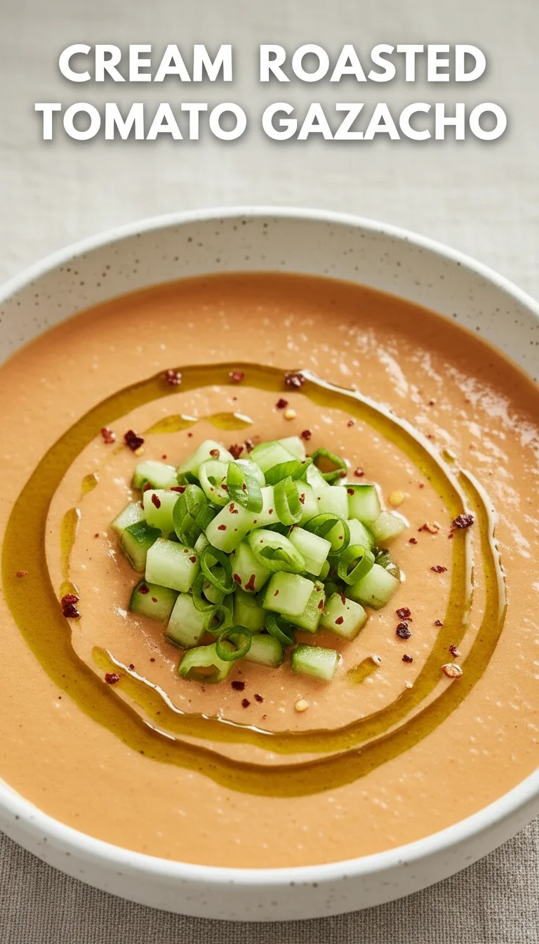 A vertical split layout pin with the text 'Creamy Roasted Tomato Gazpacho' in the center. The top image shows charred, juicy tomatoes fresh from the oven, and the bottom image features a chilled bowl of the finished soup garnished with creamy swirls and basil for a perfect summer occasion.