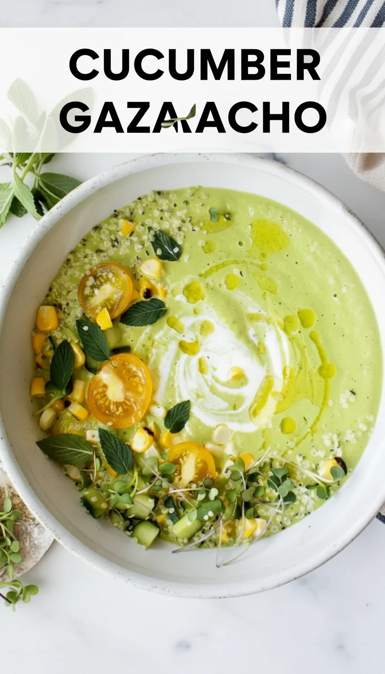 A vertical split layout containing two pictures with the main keyword 'Cucumber Gazpacho' in the center. The top image shows a creamy bowl of chilled soup, while the bottom features fresh, crisp ingredients.