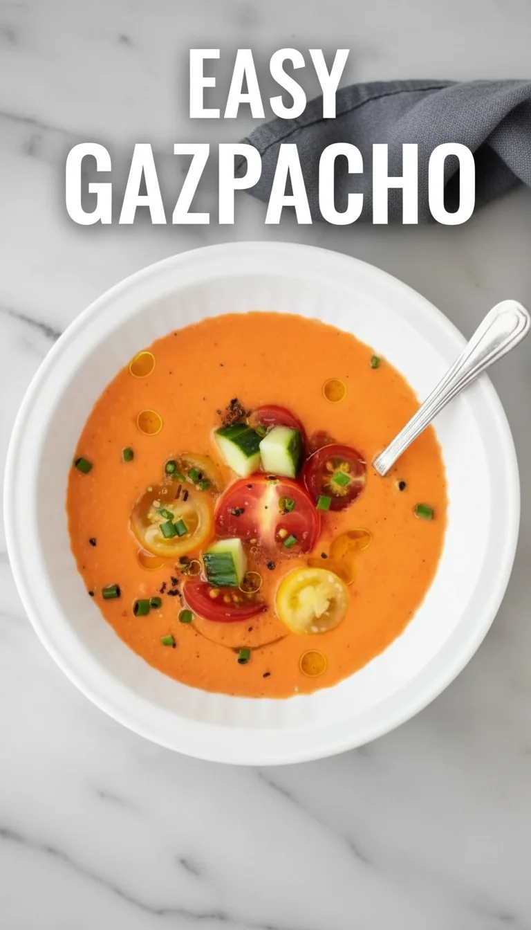 Vertical split layout containing two pictures with the main keyword 'Easy Gazpacho' in the center. Top shows a chilled bowl of vibrant red soup; bottom shows fresh garden ingredients.