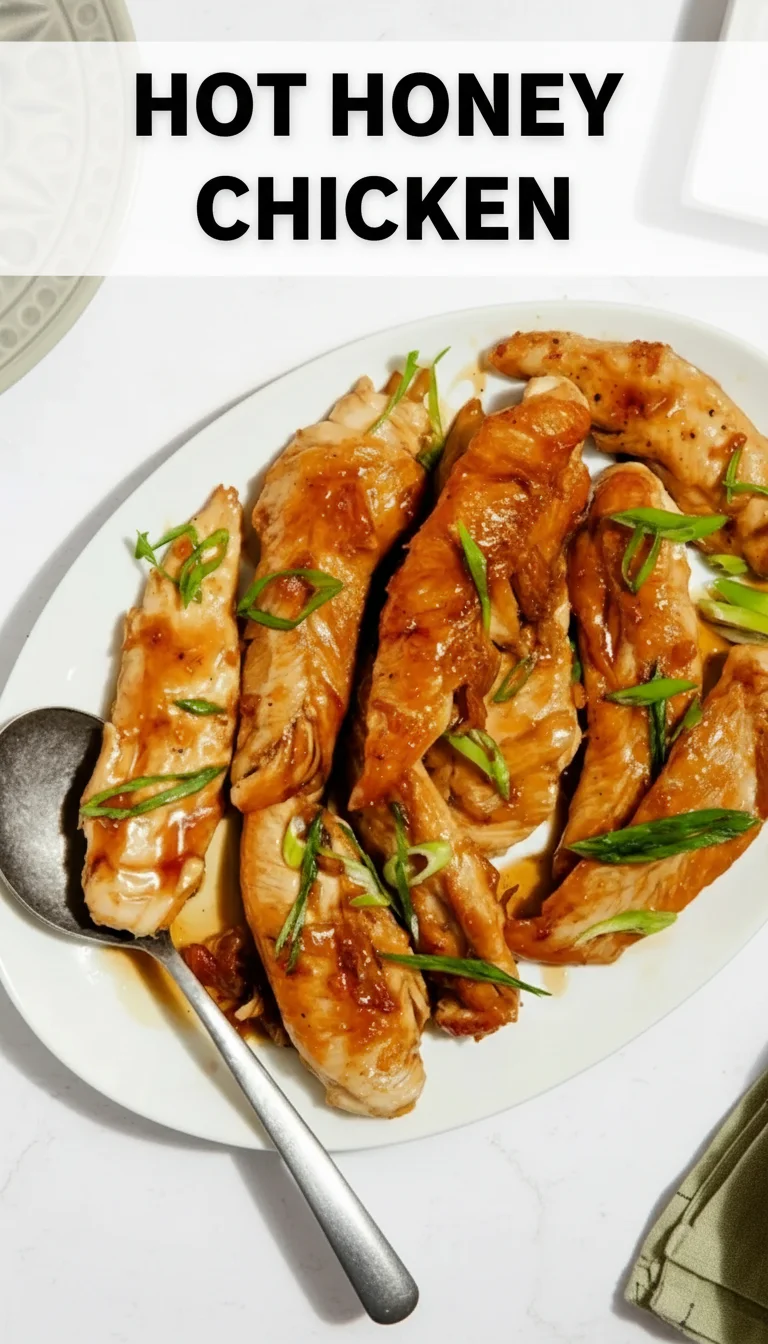 A vertical split layout containing two pictures with the main keyword 'hot honey chicken' in the center. The top image shows crispy, golden-brown chicken glazed in a spicy, glistening honey sauce, while the bottom highlights a perfect plated serving.