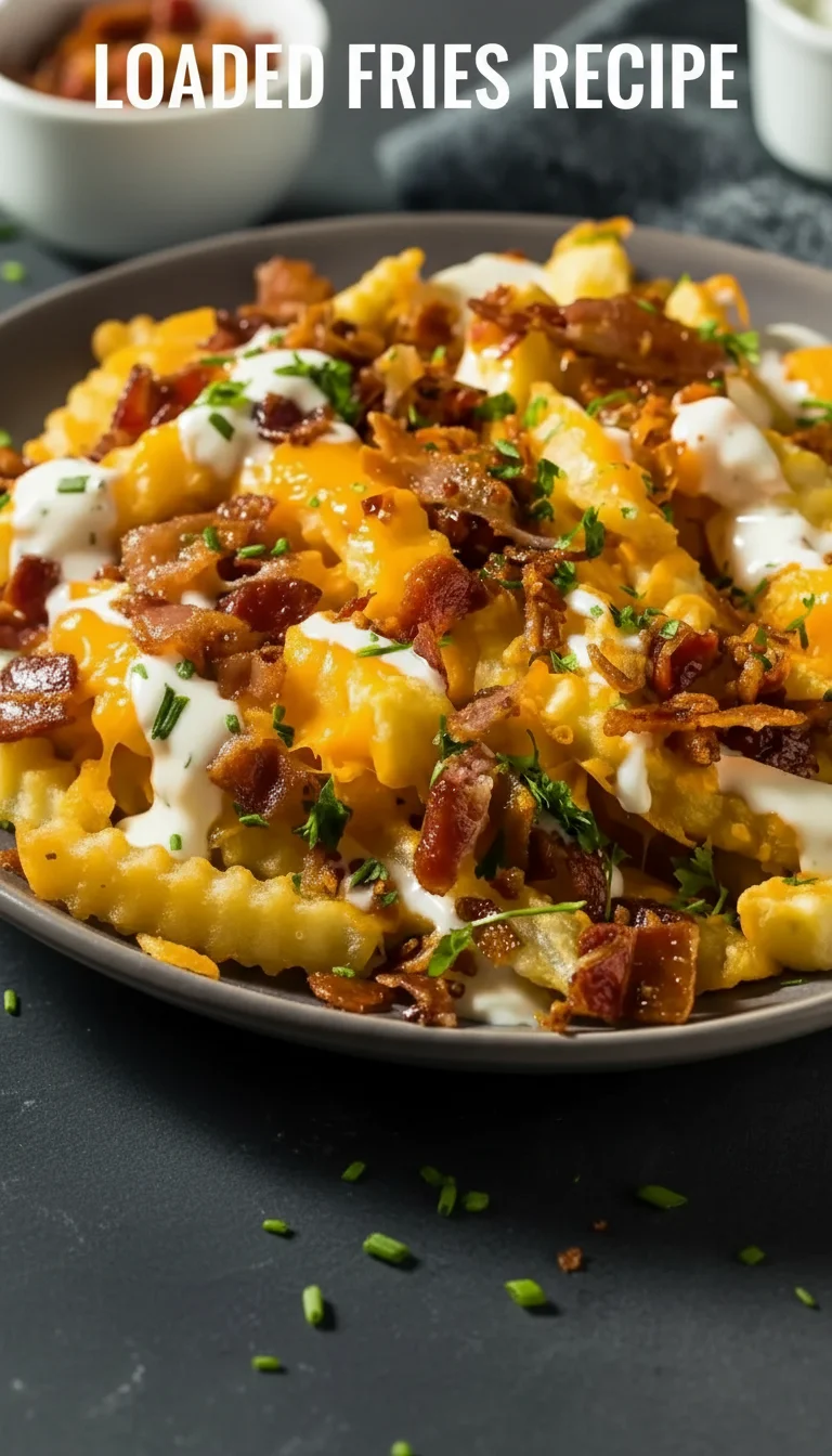 A vertical split layout containing two pictures of an appetizing loaded fries recipe with the main keyword 'loaded fries recipe' in the center. The images showcase golden fries piled high with melted cheese, crispy bacon bits, and fresh green onions for a perfect party snack.