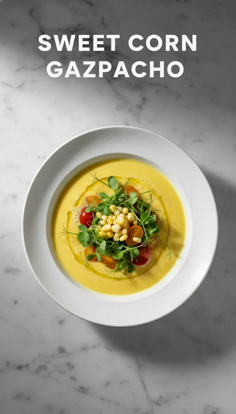 A vertical split layout containing two pictures with the main keyword 'Sweet Corn Gazpacho' in the center. The top image shows fresh sun-ripened corn, while the bottom displays a chilled bowl of creamy yellow gazpacho topped with fresh herbs and colorful vegetable garnishes.