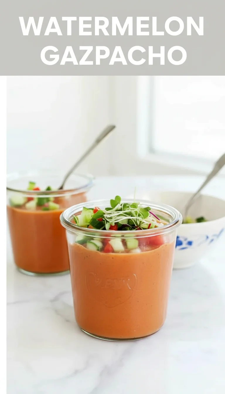A vertical split layout containing two pictures with the main keyword 'Watermelon Gazpacho' in the center. The top photo displays a bowl of chilled, vibrant red soup topped with mint, and the bottom shows fresh watermelon slices for a refreshing summer occasion.